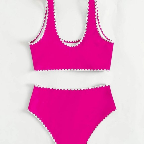 Hot Pink Cute Womens Whip Stitch Bikini Swimsuit - Picture 2 of 4